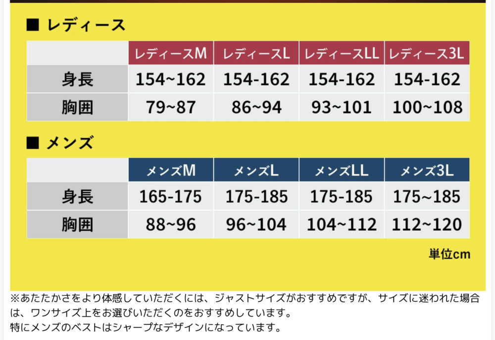 ヒーターベストサイズはM〜3L